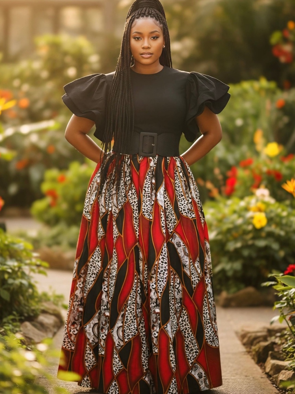 Red Patterned Maxi Skirt